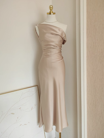 Sheath Boat Sleeveless Champagne Satin Party Dress Holiday Dresses SD349